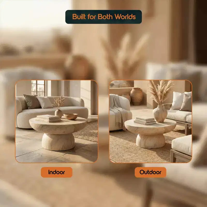 Round Coffee Table Fiberstone Pedestal Accent Table for Indoor or Outdoor Use, Sculpted Design with Anti-Slip Foot Pads