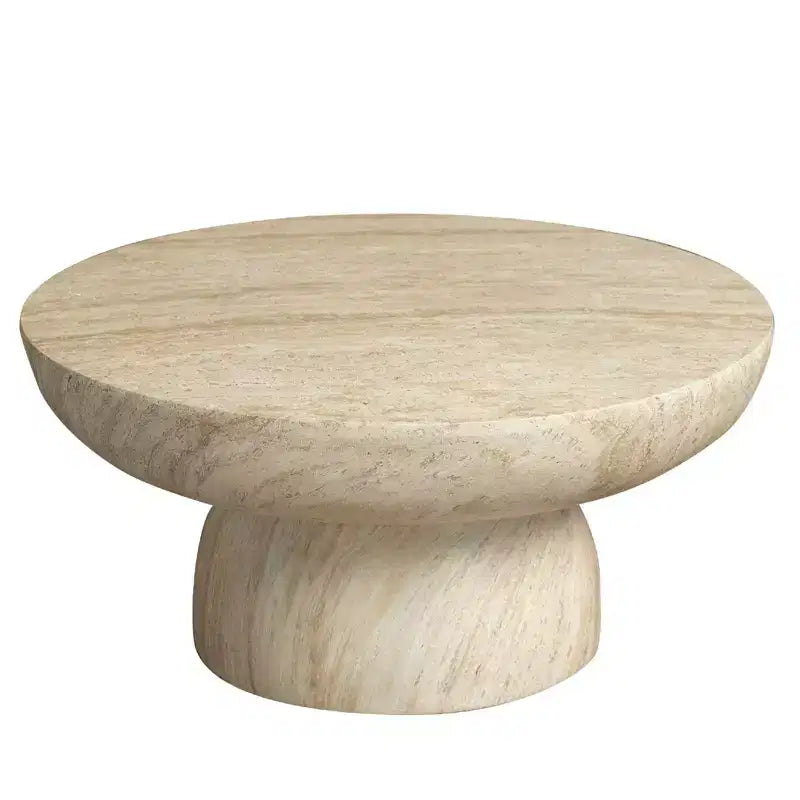 Round Coffee Table Fiberstone Pedestal Accent Table for Indoor or Outdoor Use, Sculpted Design with Anti-Slip Foot Pads