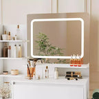 Toeletta Moderna con Specchio LED e Illuminazione Regolabile, Tavolo da Trucco da 91 cm con 4 Cassetti, Ripiani Portaoggetti, Presa di Corrente, Porte USB, per Camera da Letto