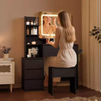 Toeletta Moderna con Specchio LED e Illuminazione Regolabile, Tavolo da Trucco da 91 cm con 4 Cassetti, Ripiani Portaoggetti, Presa di Corrente, Porte USB, per Camera da Letto
