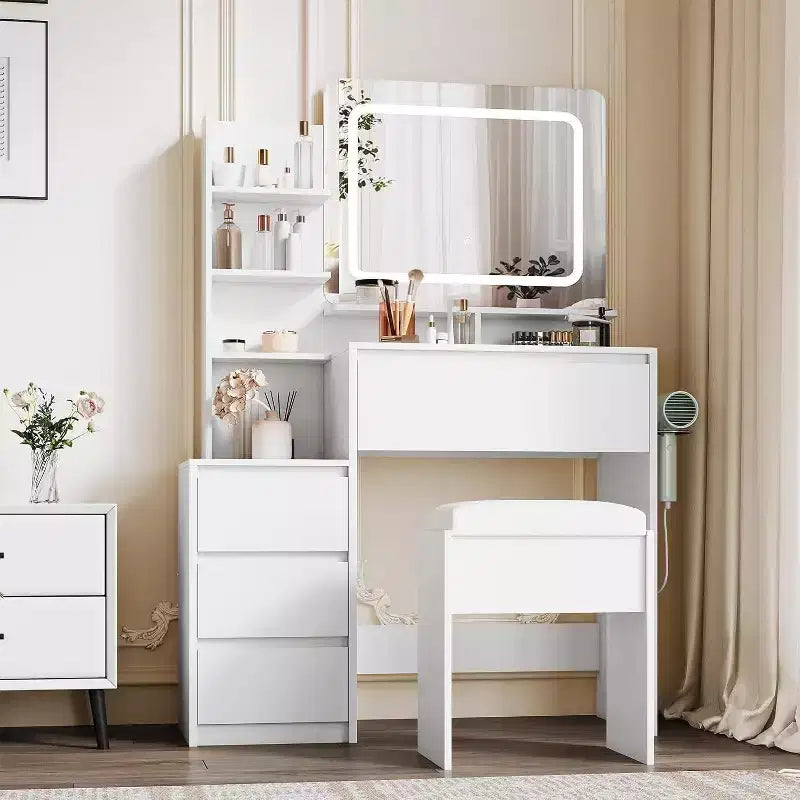 Modern Vanity Desk with LED Mirror & Adjustable Lighting, 36-Inch Makeup Table with 4 Drawers, Storage Shelves, Power Outlet, USB Ports,for Bedroom
