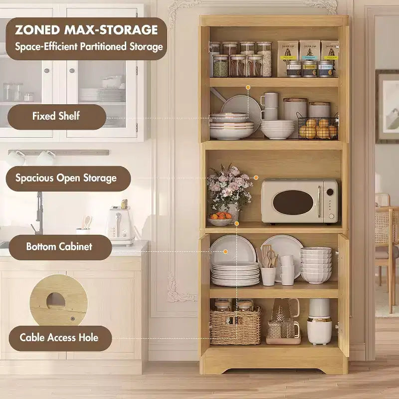 72 Tall Kitchen Pantry Cabinet - Freestanding Wooden Hutch Cupboard with Carved Door & Crystal Handle for Dining Living Room