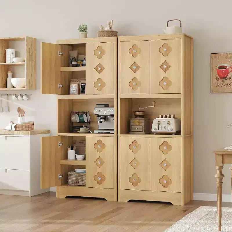 72 Tall Kitchen Pantry Cabinet - Freestanding Wooden Hutch Cupboard with Carved Door & Crystal Handle for Dining Living Room