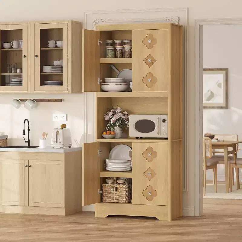 72 Tall Kitchen Pantry Cabinet - Freestanding Wooden Hutch Cupboard with Carved Door & Crystal Handle for Dining Living Room