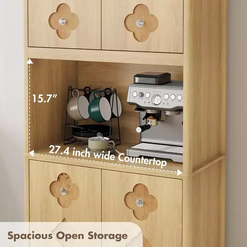 72 Tall Kitchen Pantry Cabinet - Freestanding Wooden Hutch Cupboard with Carved Door & Crystal Handle for Dining Living Room