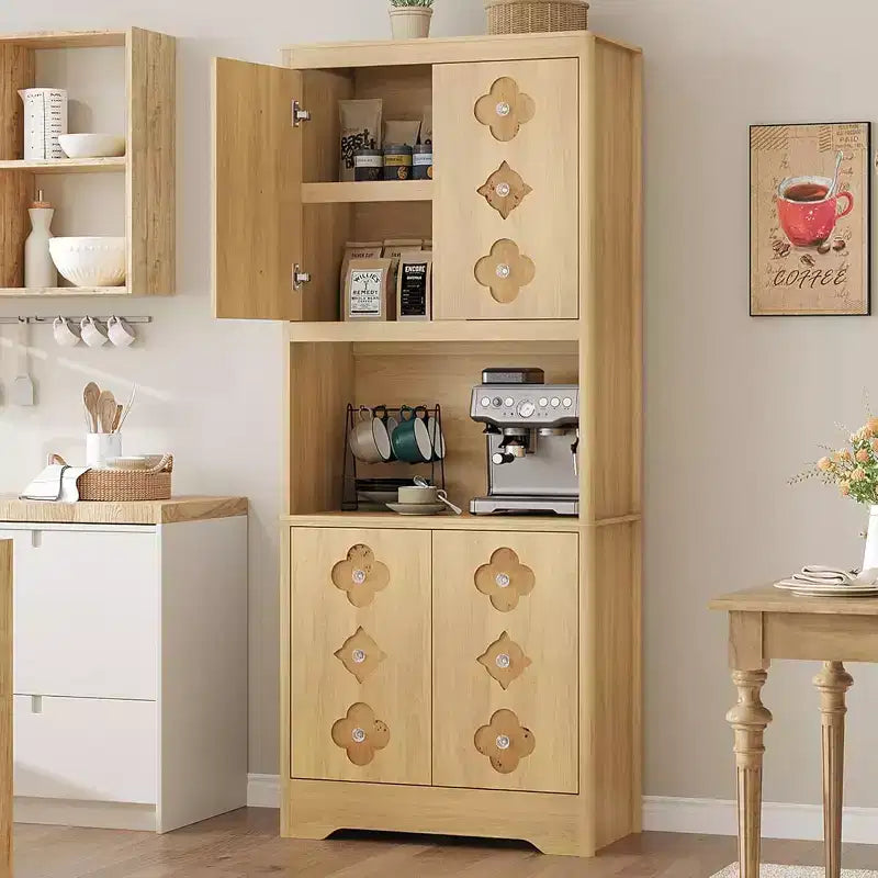 72 Tall Kitchen Pantry Cabinet - Freestanding Wooden Hutch Cupboard with Carved Door & Crystal Handle for Dining Living Room
