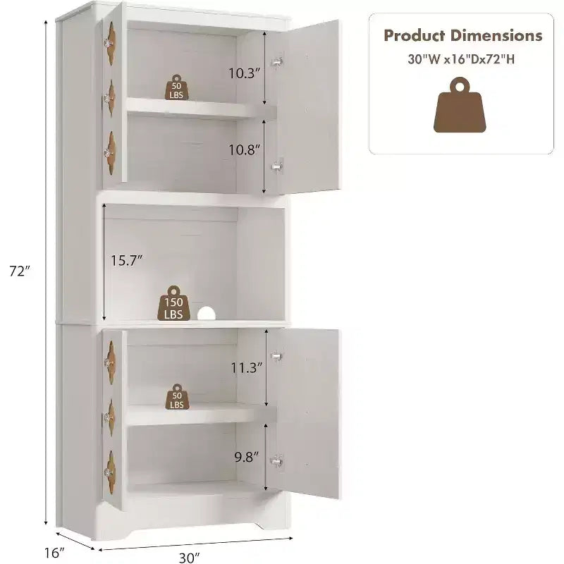 72 Tall Kitchen Pantry Cabinet - Freestanding Wooden Hutch Cupboard with Carved Door & Crystal Handle for Dining Living Room