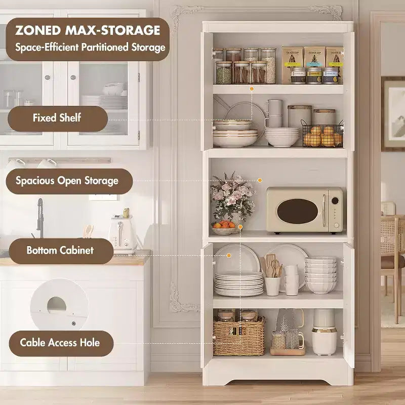 72 Tall Kitchen Pantry Cabinet - Freestanding Wooden Hutch Cupboard with Carved Door & Crystal Handle for Dining Living Room