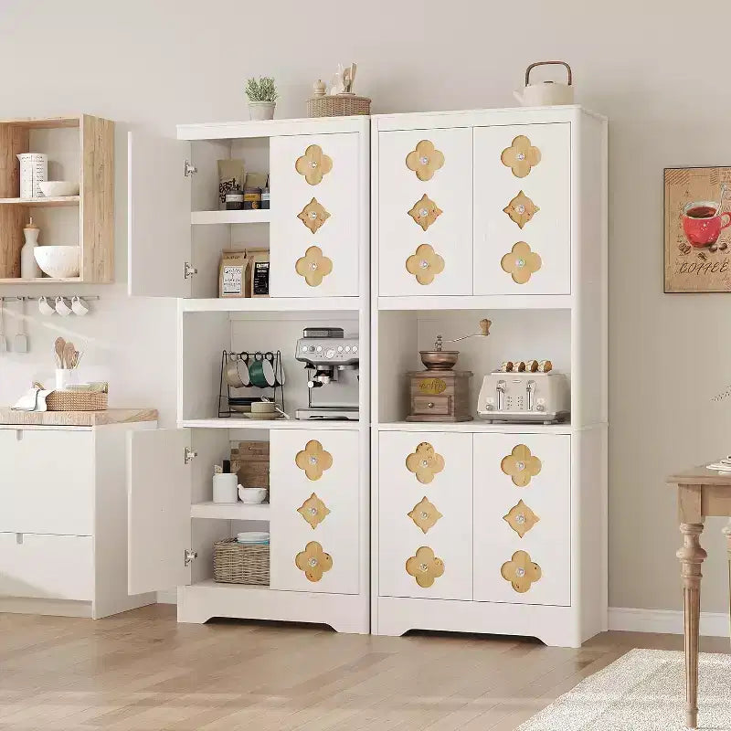 72 Tall Kitchen Pantry Cabinet - Freestanding Wooden Hutch Cupboard with Carved Door & Crystal Handle for Dining Living Room