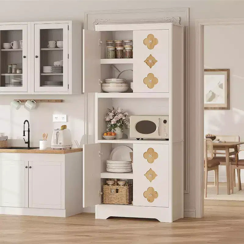 72 Tall Kitchen Pantry Cabinet - Freestanding Wooden Hutch Cupboard with Carved Door & Crystal Handle for Dining Living Room