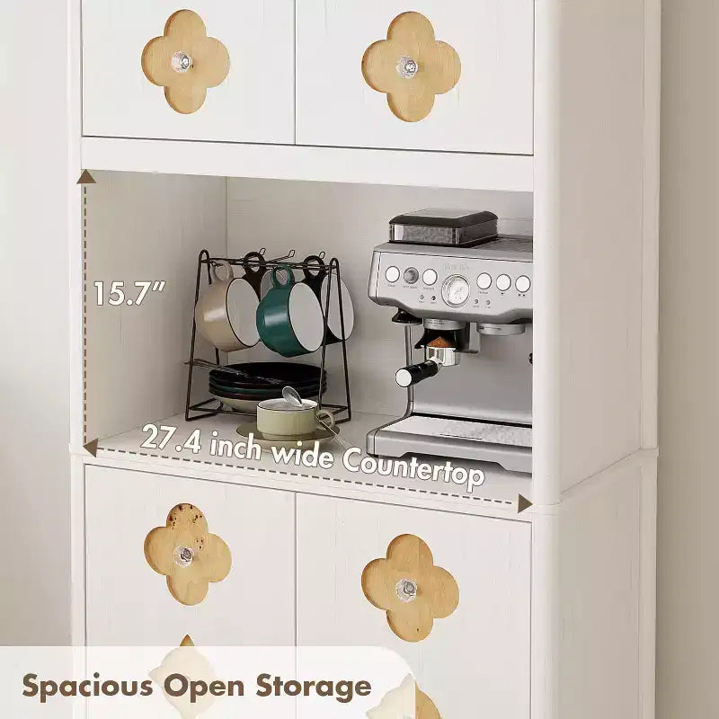 72 Tall Kitchen Pantry Cabinet - Freestanding Wooden Hutch Cupboard with Carved Door & Crystal Handle for Dining Living Room