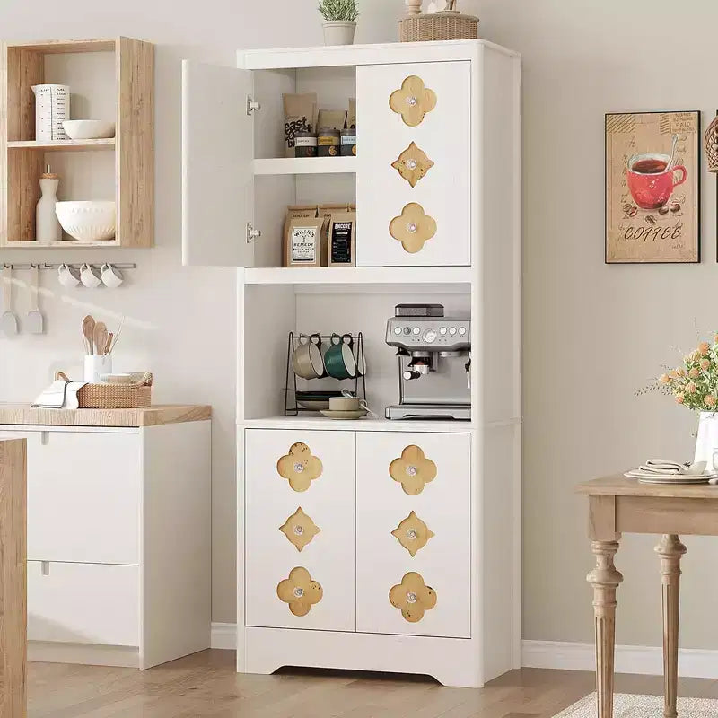 72 Tall Kitchen Pantry Cabinet - Freestanding Wooden Hutch Cupboard with Carved Door & Crystal Handle for Dining Living Room