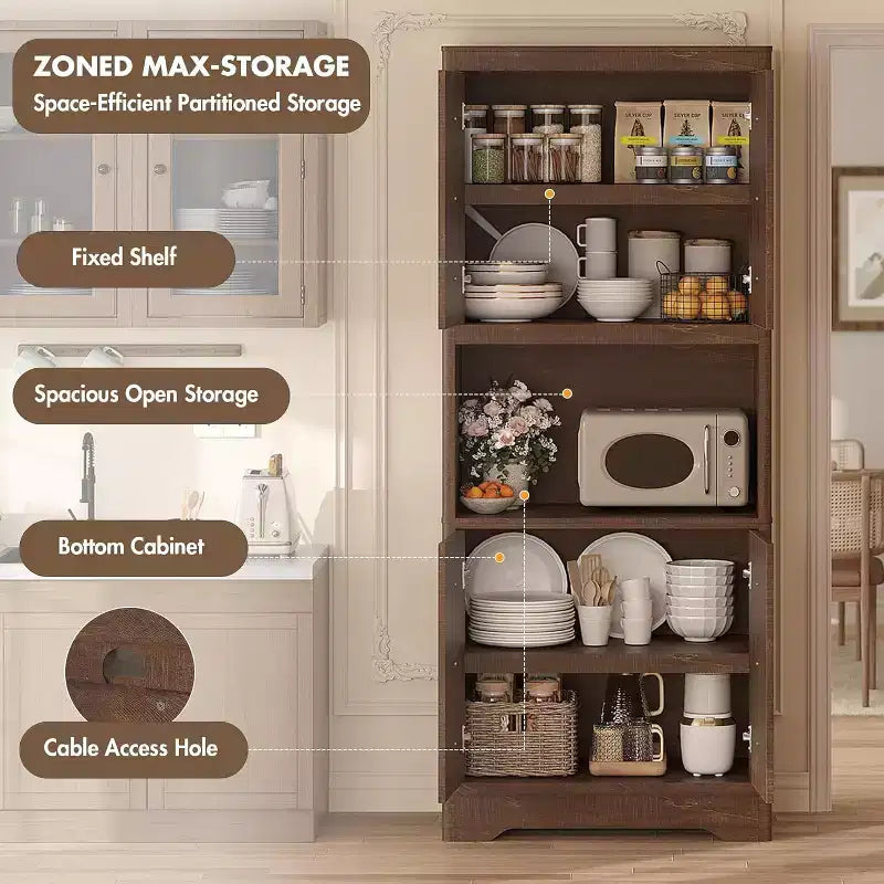 72 Tall Kitchen Pantry Cabinet - Freestanding Wooden Hutch Cupboard with Carved Door & Crystal Handle for Dining Living Room