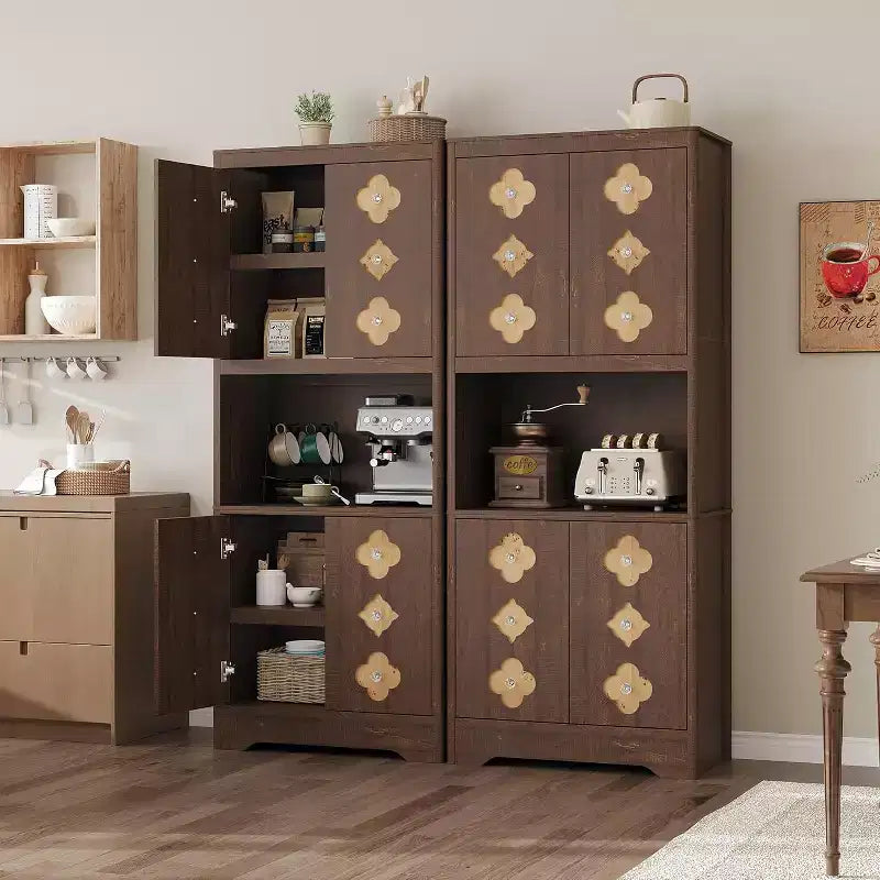 72 Tall Kitchen Pantry Cabinet - Freestanding Wooden Hutch Cupboard with Carved Door & Crystal Handle for Dining Living Room