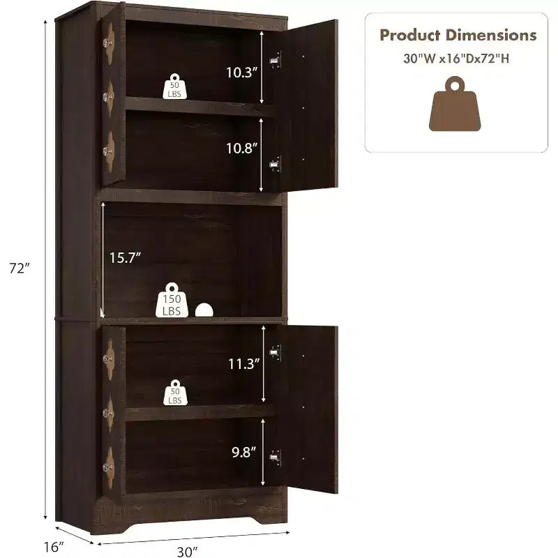 72 Tall Kitchen Pantry Cabinet - Freestanding Wooden Hutch Cupboard with Carved Door & Crystal Handle for Dining Living Room
