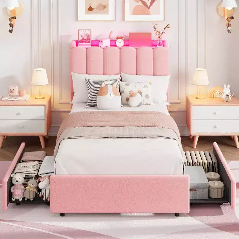 Upholstered Platform Bed Frame Storage Headboard & Drawers, Strong Wood Slats, Noise-Free Metal Frame, Heavy Duty, Easy Assembly