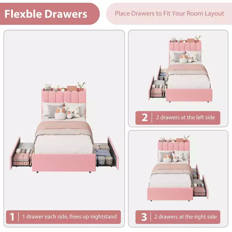 Upholstered Platform Bed Frame Storage Headboard & Drawers, Strong Wood Slats, Noise-Free Metal Frame, Heavy Duty, Easy Assembly