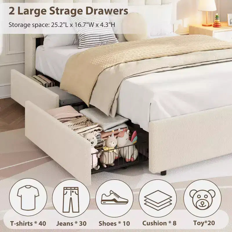 Upholstered Platform Bed Frame Storage Headboard & Drawers, Strong Wood Slats, Noise-Free Metal Frame, Heavy Duty, Easy Assembly