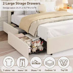 Letto a Piattaforma Imbottito con Testiera Contenitore e Cassetti, Robuste Doghe in Legno, Struttura in Metallo Silenziosa, Resistente, Facile da Montare