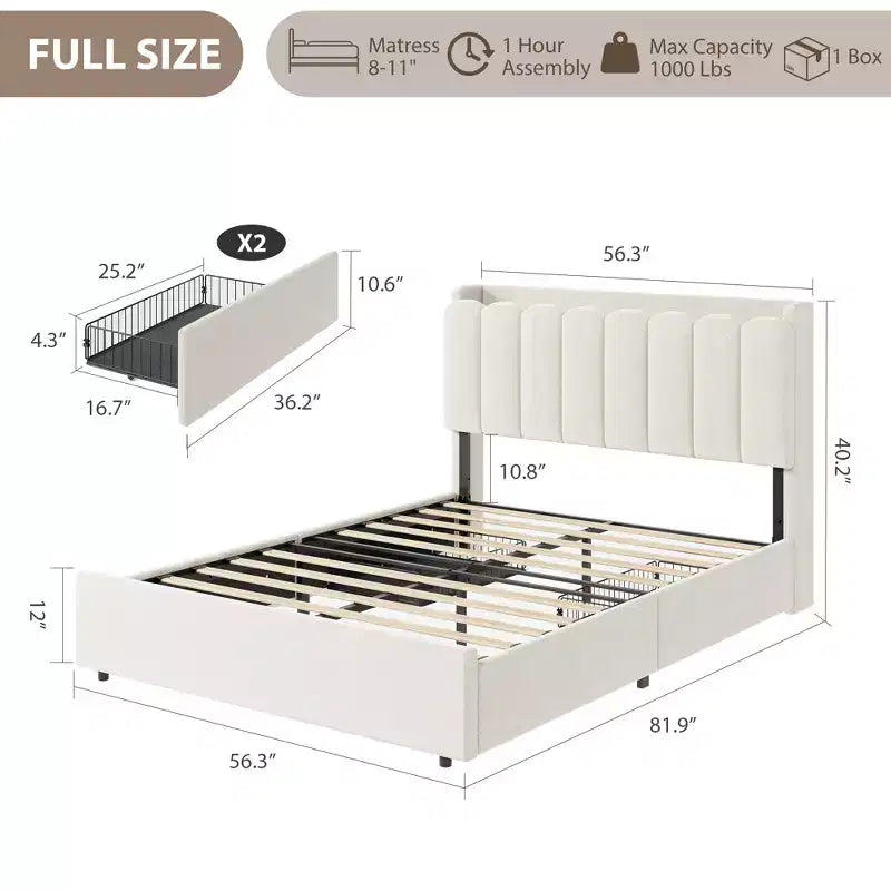 Upholstered Platform Bed Frame Storage Headboard & Drawers, Strong Wood Slats, Noise-Free Metal Frame, Heavy Duty, Easy Assembly