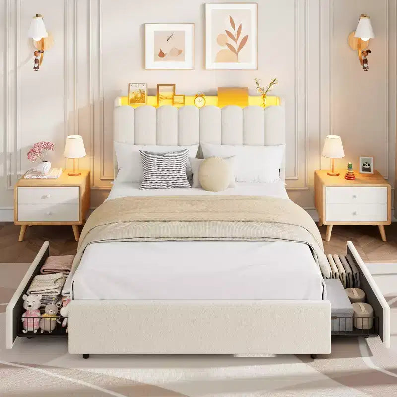 Upholstered Platform Bed Frame Storage Headboard & Drawers, Strong Wood Slats, Noise-Free Metal Frame, Heavy Duty, Easy Assembly