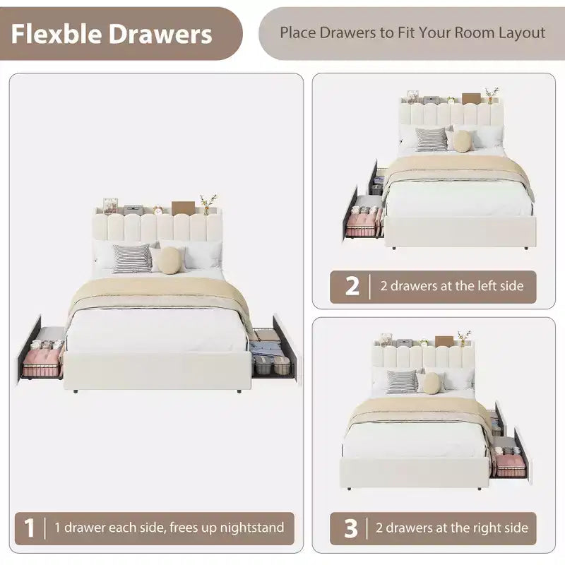 Upholstered Platform Bed Frame Storage Headboard & Drawers, Strong Wood Slats, Noise-Free Metal Frame, Heavy Duty, Easy Assembly