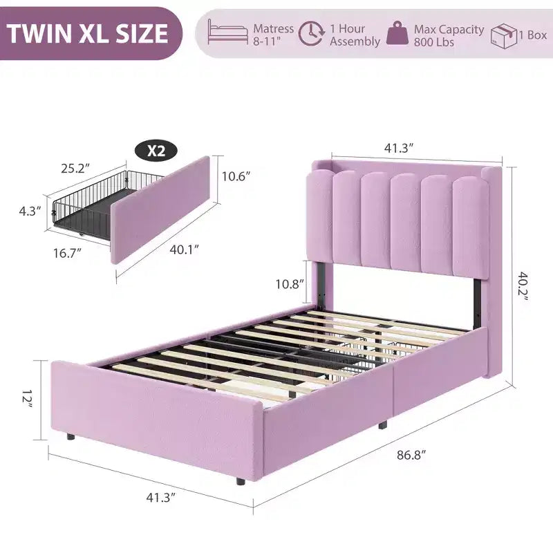 Upholstered Platform Bed Frame Storage Headboard & Drawers, Strong Wood Slats, Noise-Free Metal Frame, Heavy Duty, Easy Assembly