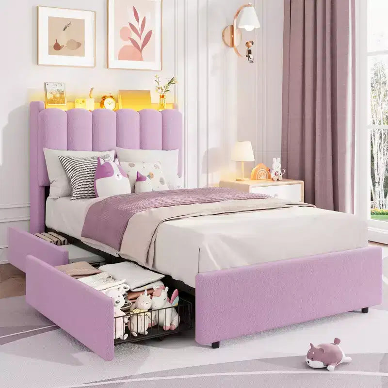 Upholstered Platform Bed Frame Storage Headboard & Drawers, Strong Wood Slats, Noise-Free Metal Frame, Heavy Duty, Easy Assembly