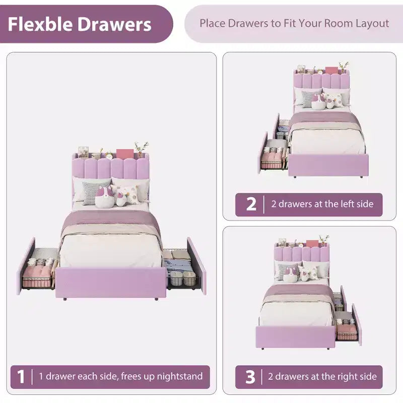 Upholstered Platform Bed Frame Storage Headboard & Drawers, Strong Wood Slats, Noise-Free Metal Frame, Heavy Duty, Easy Assembly