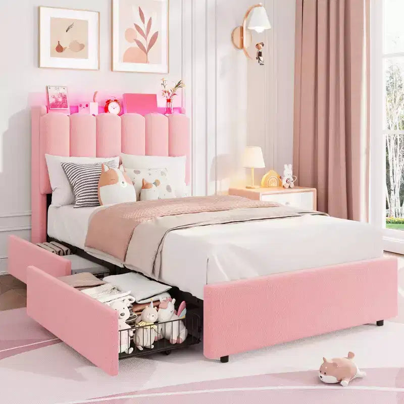 Upholstered Platform Bed Frame Storage Headboard & Drawers, Strong Wood Slats, Noise-Free Metal Frame, Heavy Duty, Easy Assembly