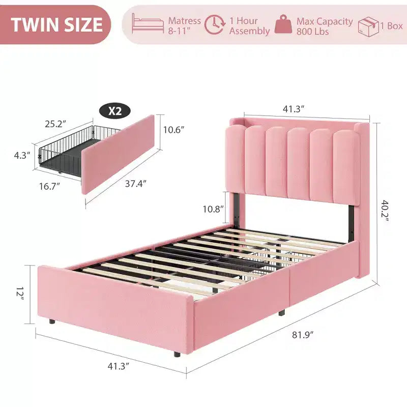 Upholstered Platform Bed Frame Storage Headboard & Drawers, Strong Wood Slats, Noise-Free Metal Frame, Heavy Duty, Easy Assembly