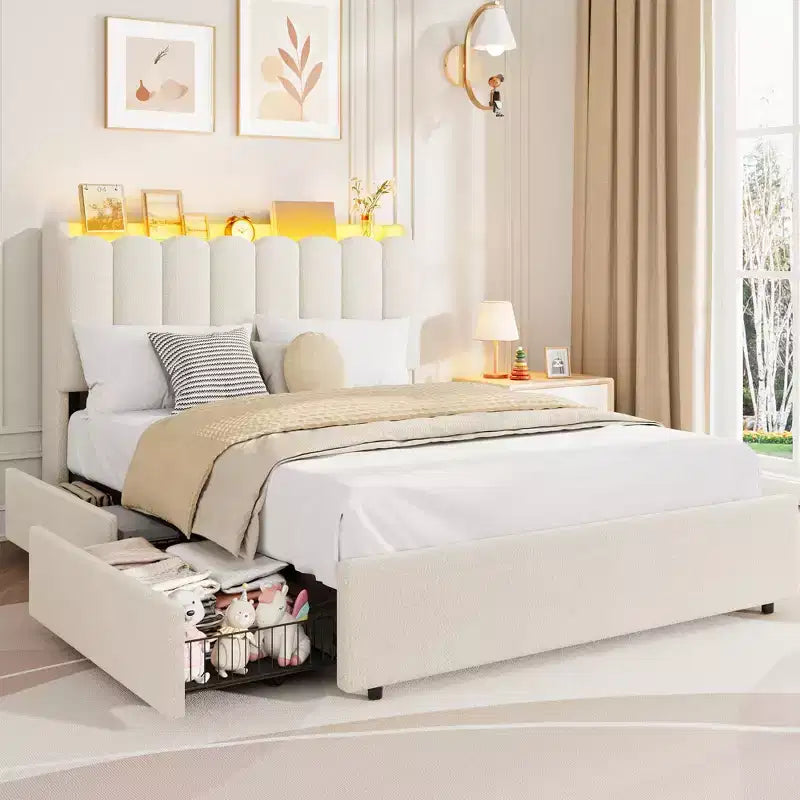 Upholstered Platform Bed Frame Storage Headboard & Drawers, Strong Wood Slats, Noise-Free Metal Frame, Heavy Duty, Easy Assembly