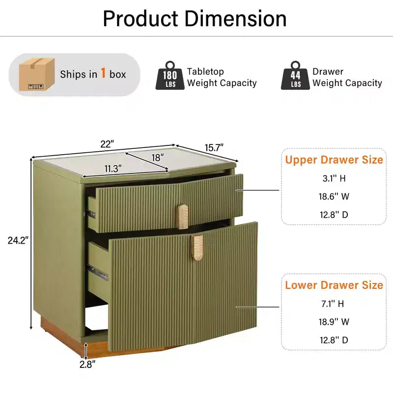 Modern Bulging Designed Storage Nightstand with 2 Drawers