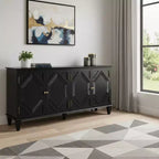 66 Mobile Accent Geometrico in Legno Nero Intagliato con Quattro Ante
