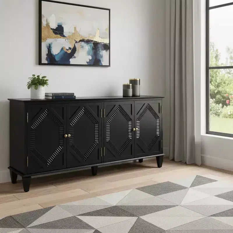 66 Black Wood Carved Geometric Accent Cabinet With Four Doors