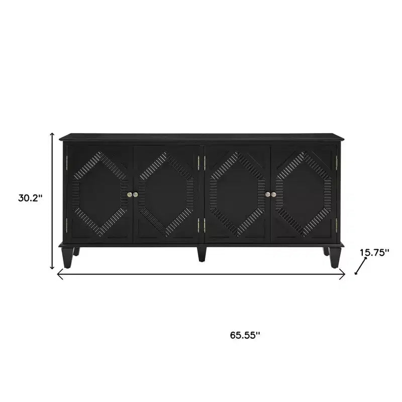 66 Black Wood Carved Geometric Accent Cabinet With Four Doors
