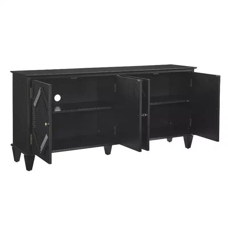 66 Black Wood Carved Geometric Accent Cabinet With Four Doors