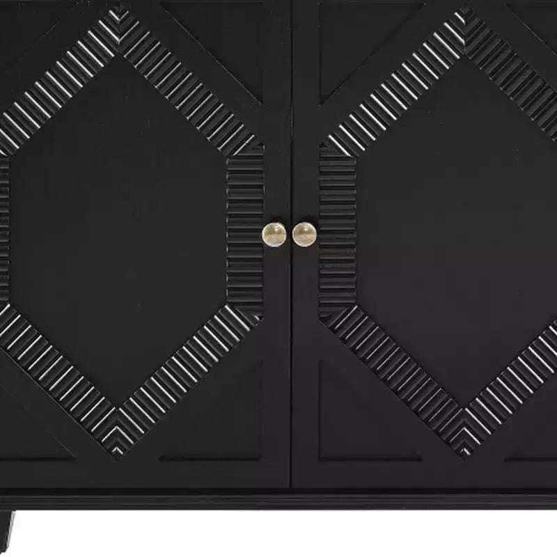 66 Black Wood Carved Geometric Accent Cabinet With Four Doors