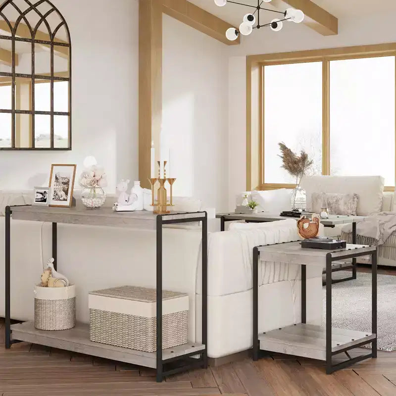 40 Farmhouse Console Table with 2 Shelves Grey Slatted Sofa & Entryway Table