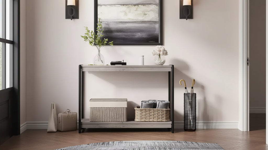 40 Farmhouse Console Table with 2 Shelves Grey Slatted Sofa & Entryway Table