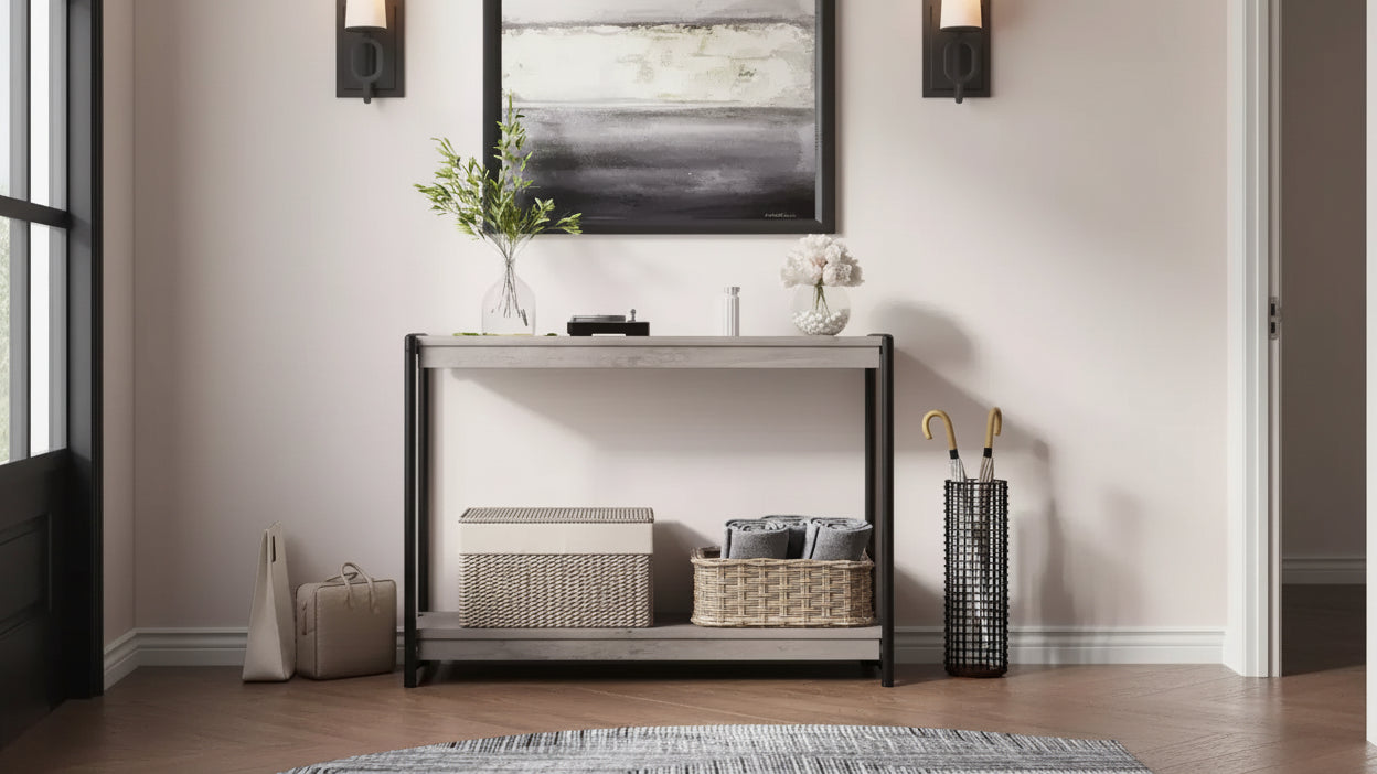 40 Farmhouse Console Table with 2 Shelves Grey Slatted Sofa & Entryway Table
