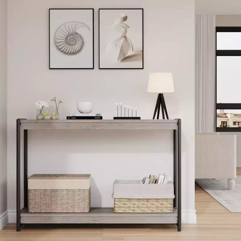 40 Farmhouse Console Table with 2 Shelves Grey Slatted Sofa & Entryway Table