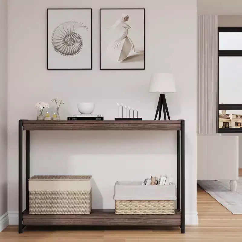 40 Farmhouse Console Table with 2 Shelves Grey Slatted Sofa & Entryway Table