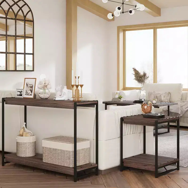 40 Farmhouse Console Table with 2 Shelves Grey Slatted Sofa & Entryway Table