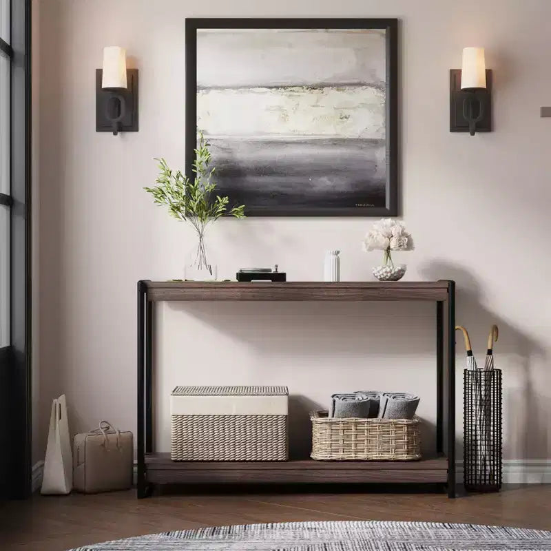 40 Farmhouse Console Table with 2 Shelves Grey Slatted Sofa & Entryway Table