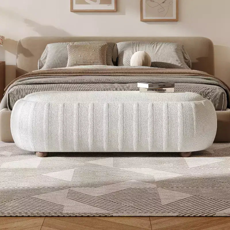 Modern Wooden Boucle Upholstered Ottoman with Oval Shape