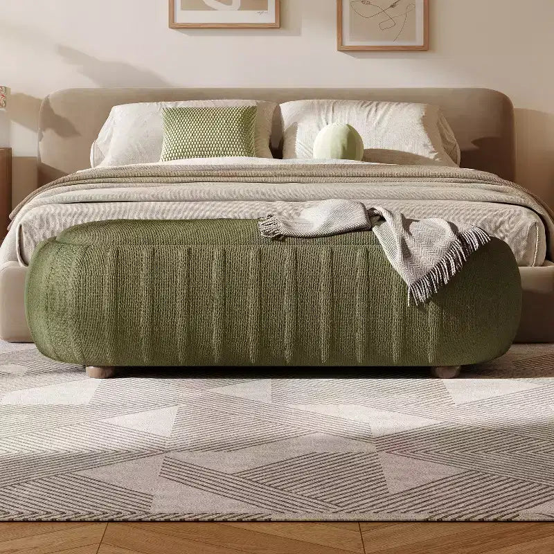 Modern Wooden Boucle Upholstered Ottoman with Oval Shape