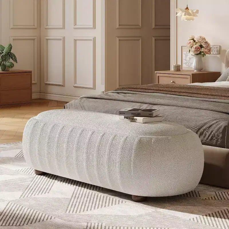 Modern Wooden Boucle Upholstered Ottoman with Oval Shape