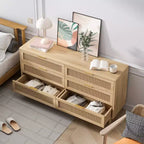 Mobiletto portaoggetti in rattan a 6 cassetti da 59,06 pollici con guide per cassetti bianche, adatto per camere da letto, dotato di spazio di archiviazione, naturale