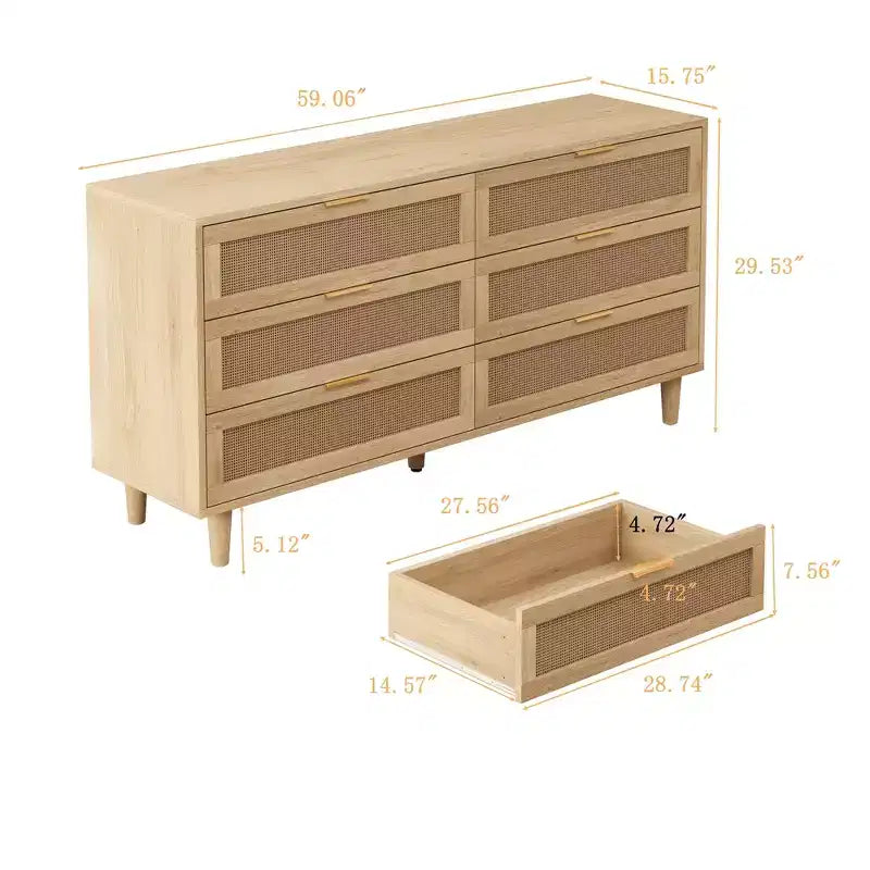 59.06-inch 6-Drawer Rattan Storage Cabinet with White Drawer Slides, Suitable for Bedrooms, Features Storage Space,Natural